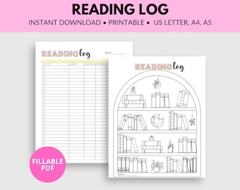 May include: Printable reading log featuring a bookshelf design. The log includes sections for title, author, start date, and completion date. The bookshelf design incorporates a globe, plants, and books.