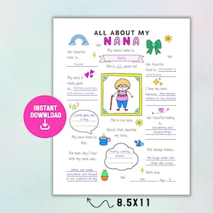 All About My Nana Printable, Nana Fill in the Blank, All About Nana Questionnaire, Mother’s Day Gift for Nana, Grandparents Day Activity