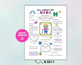 All About My Nana Printable, Nana Fill in the Blank, All About Nana Questionnaire, Mother’s Day Gift for Nana, Grandparents Day Activity