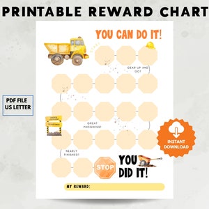 Reward Chart for kids, Printable Kids Behavior Chart, Construction Reward Chart, Reward Stickers, Star Chart, Potty Training Chart, Reward