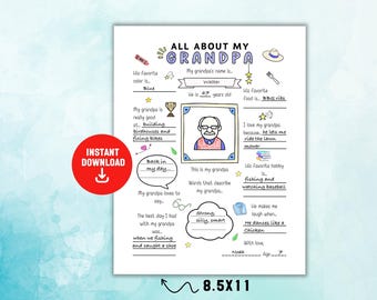 All About My Grandpa Printable, Grandpa Coloring Sheet for Kids, Grandpa Fill in the Blank, Grandpa Questionnaire, Grandparents Day Activity