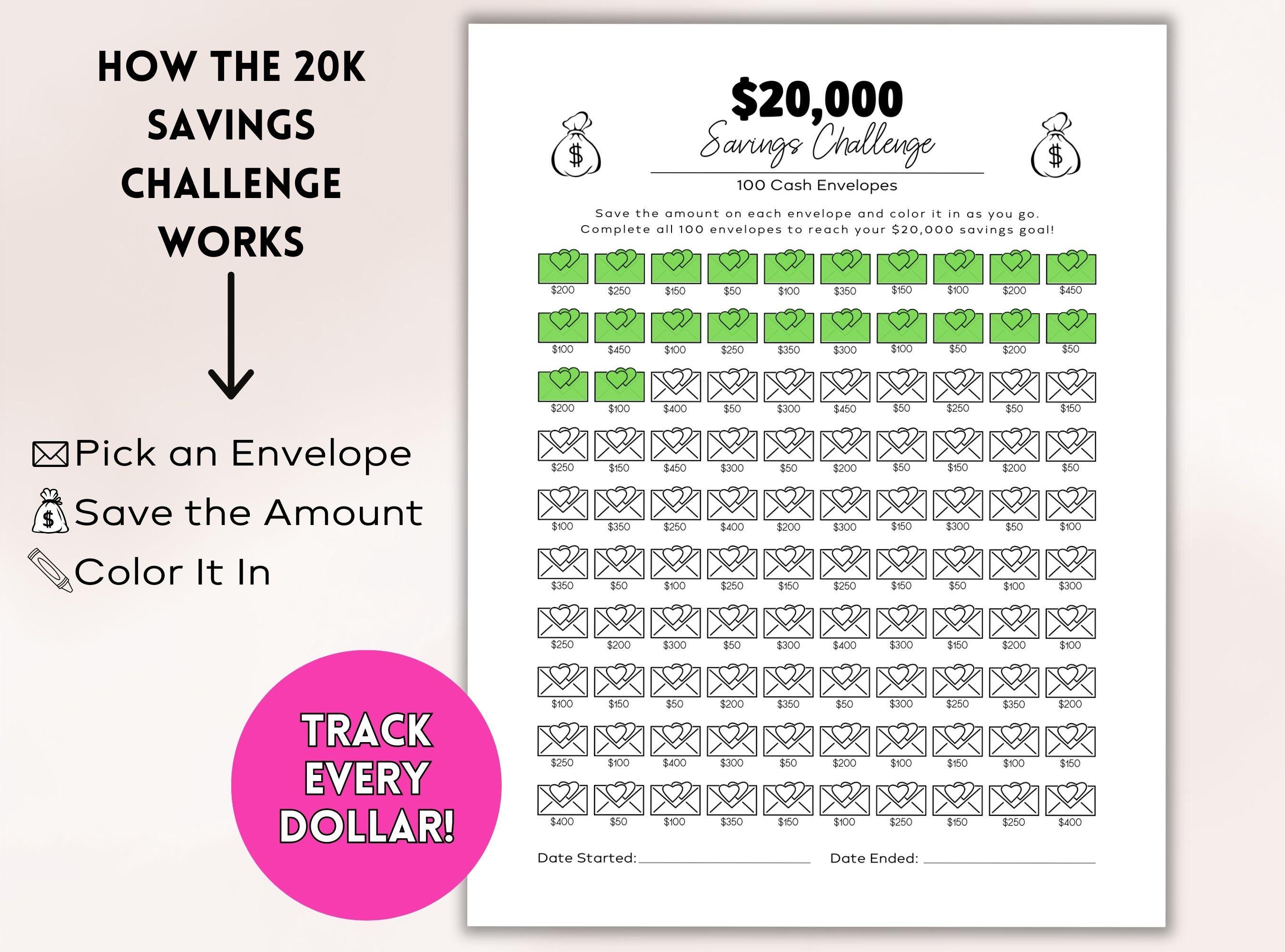 20000 Savings Challenge, Printable 20k Savings Challenge, 100 Envelope ...