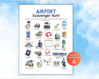 Puede incluir: Un juego imprimible de búsqueda del tesoro en el aeropuerto con ilustraciones de acuarela de elementos relacionados con el aeropuerto, como un piloto, una cámara y un avión. El título "AIRPORT Scavenger Hunt" está en la parte superior.