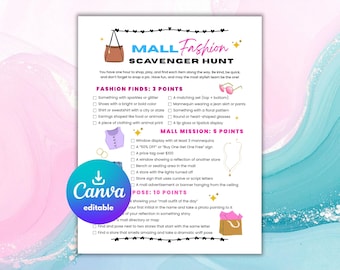 Mall Scavenger Hunt, Editable Mall Fashion Treasure Hunt Game, Printable Tween Scavenger Hunt, Tween Birthday Game, Indoor Treasure Hunt
