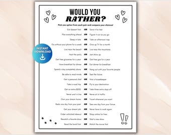 Would You Rather Game, Printable This or That Game, Adult Party Game, Icebreaker Game for Teens and Adults