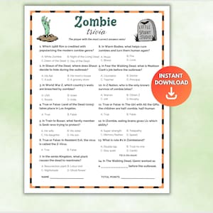 Puede incluir: Una hoja de juego de trivia de zombis imprimible con preguntas de opción múltiple. La hoja presenta un gráfico de mano de zombi verde, las palabras "Zombie trivia" y el logotipo de "Little Spooky Studio". También es visible un botón de "Descarga instantánea".