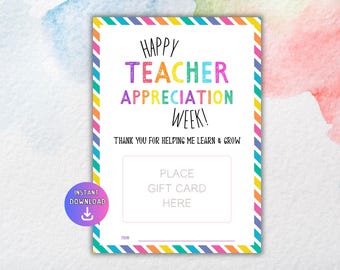 Teacher Appreciation Gift Card Holder, Printable Teacher Thank You Card, Teacher Thank You Gift