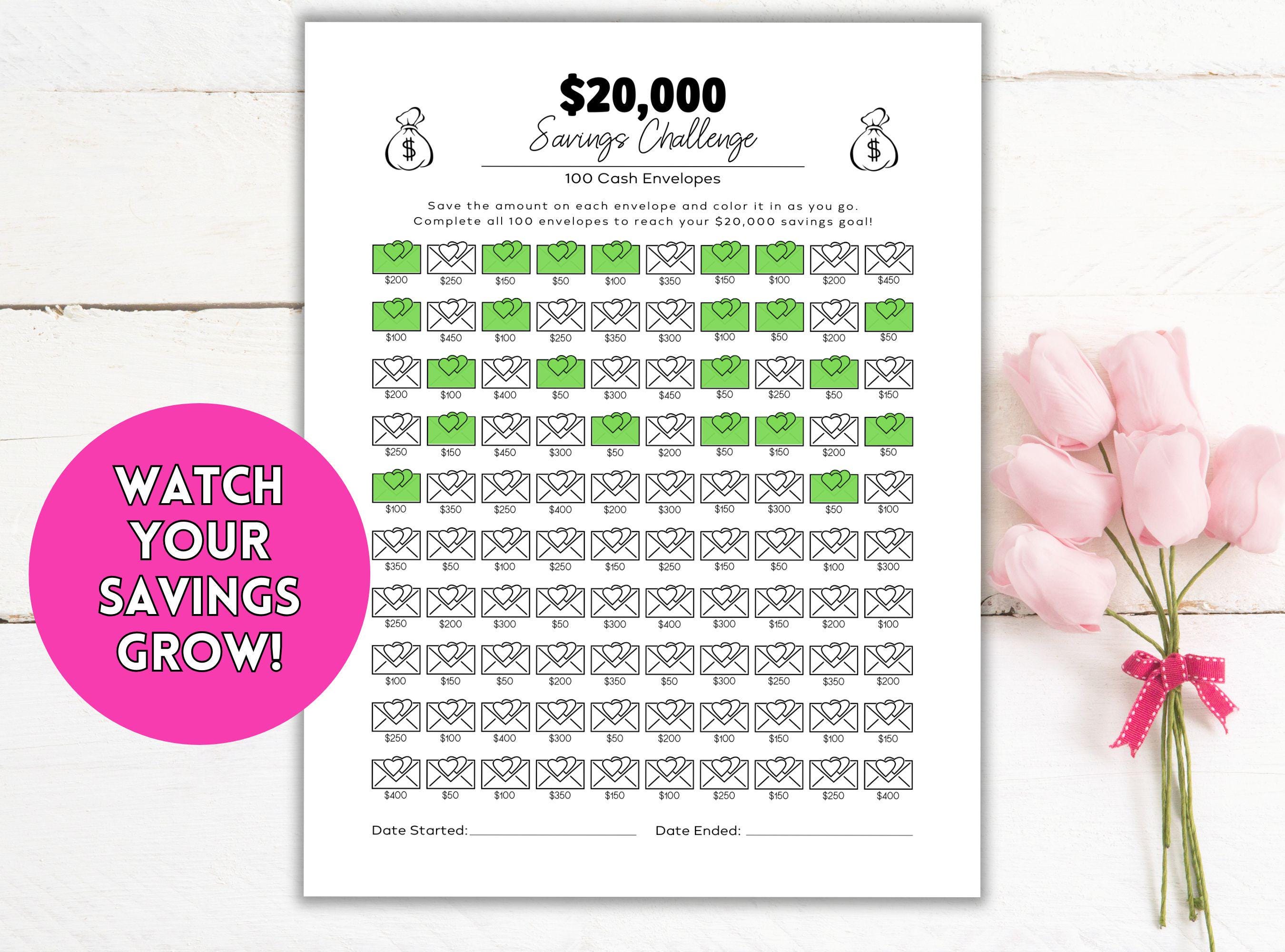 20000 Savings Challenge, Printable 20k Savings Challenge, 100 Envelope ...