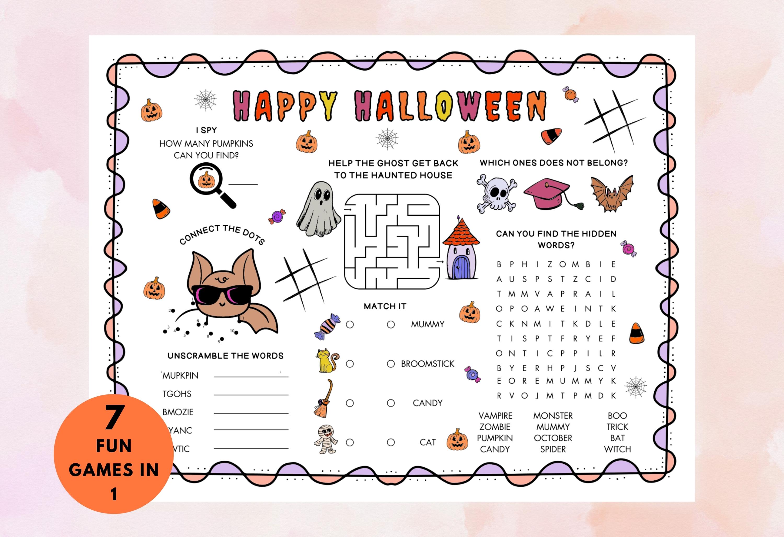 Halloween Activity Placemat, Printable Activity Mat for Kids, Coloring ...