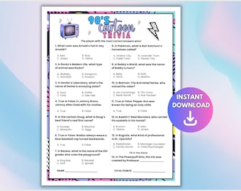 90’s Cartoon Trivia Game, 90’s Trivia Game Printable, 1990’s Party Games, 90’s Trivia Questions, 90s Nostalgia, Back to the 90’s Game