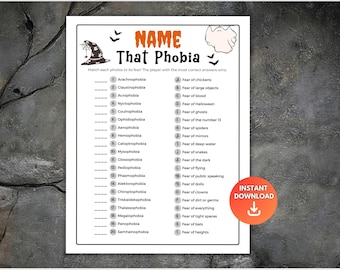 Halloween Name That Phobia Game, Halloween Match the Phobia Printable, Matching Trivia Game, Halloween Party Game, Halloween Game Night