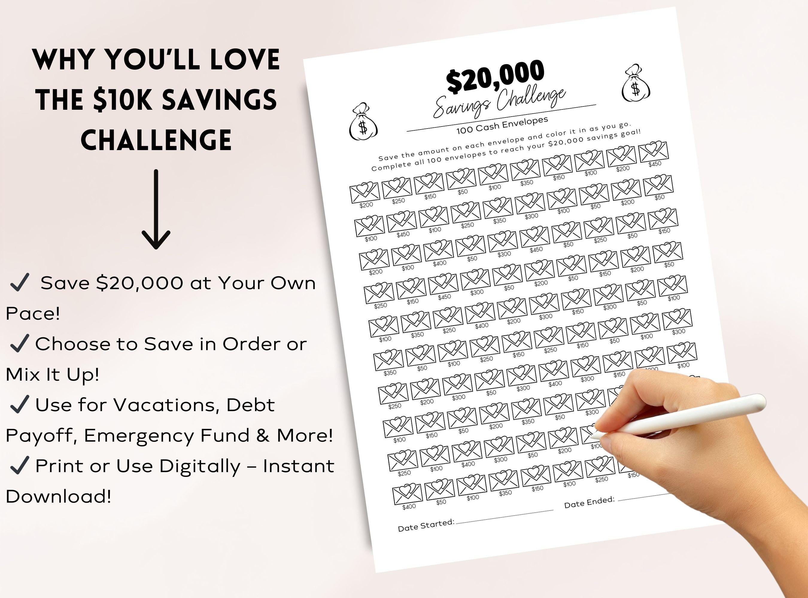 20000 Savings Challenge, Printable 20k Savings Challenge, 100 Envelope ...
