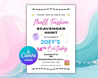 Mall Scavenger Hunt Invitation, Mall Fashion Treasure Hunt Invitation, Teen Birthday Invite, Teen Scavenger Hunt, Mall Birthday Party