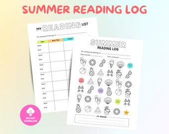 May include: A printable summer reading log with a checklist of books to read and a summer-themed reward chart. The reward chart features a variety of summer icons like flip flops, ice cream cones, beach balls, and pineapples.