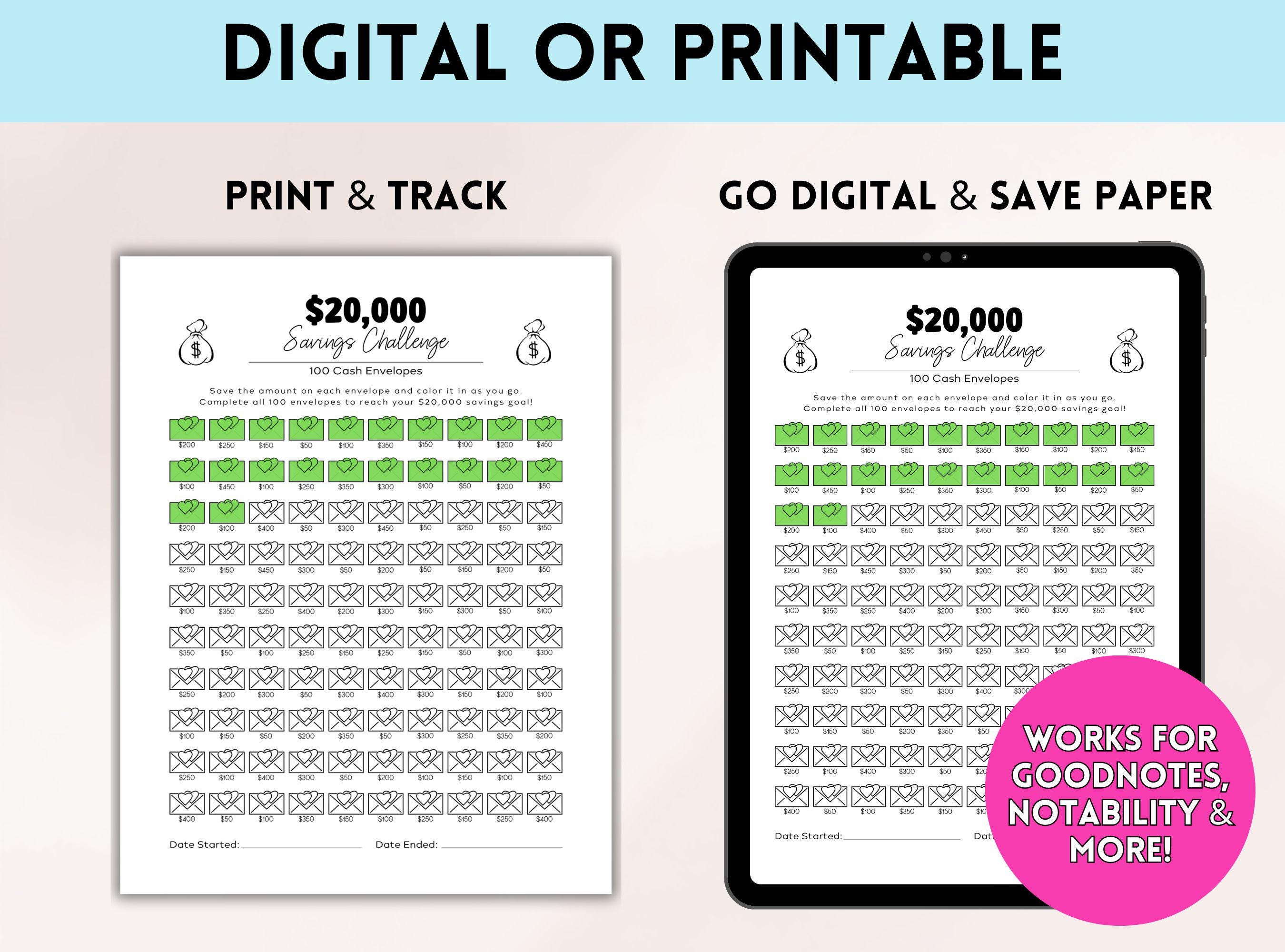 20000 Savings Challenge, Printable 20k Savings Challenge, 100 Envelope ...