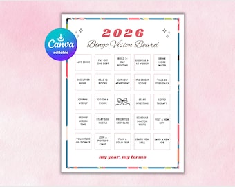 2026 Bingo Card, Editable Vision Board Bingo, Vision Board Canva Template, Printable Bingo Board, Digital Vision Board, Vision Board Party