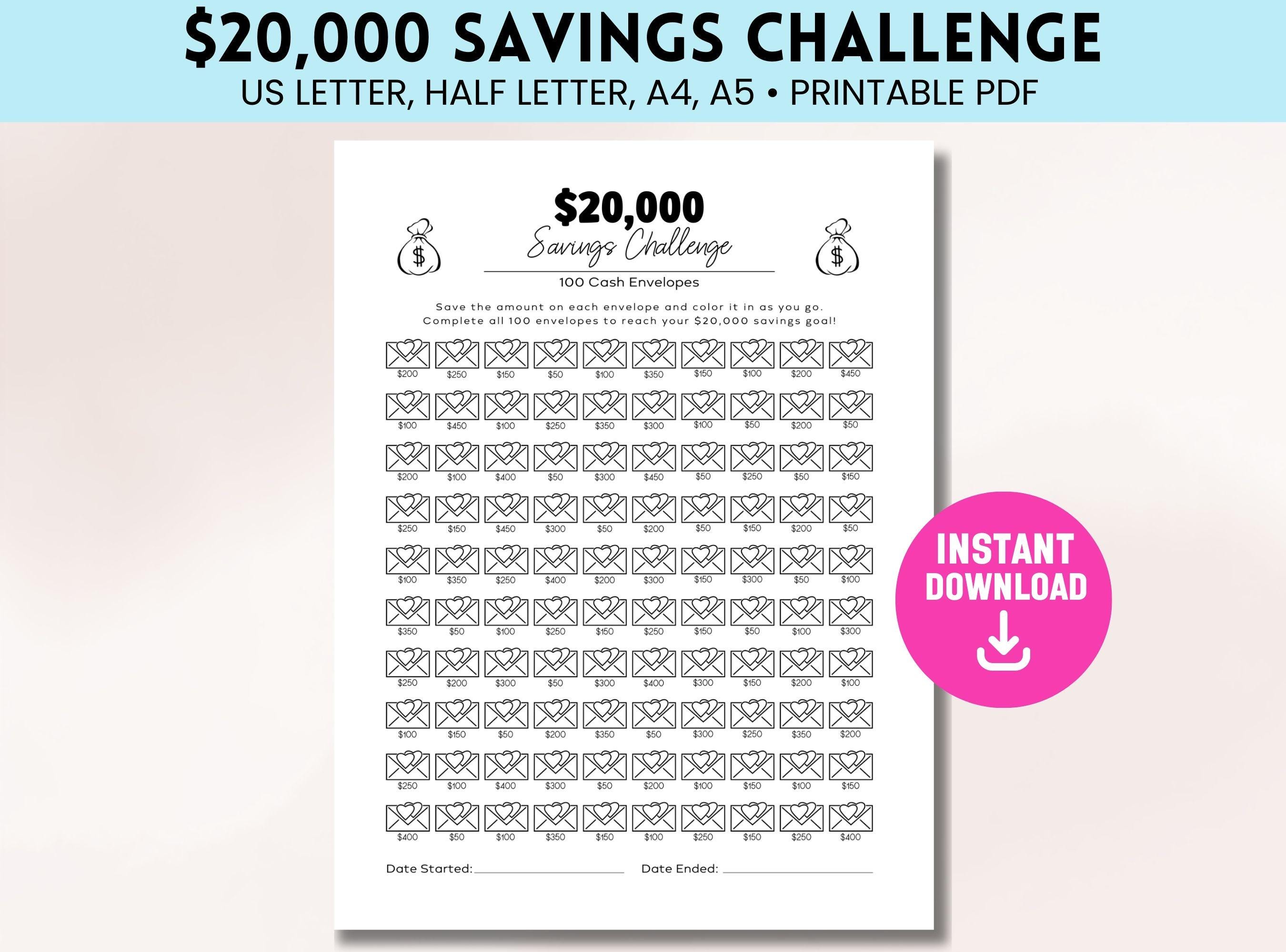 20000 Savings Challenge, Printable 20k Savings Challenge, 100 Envelope ...