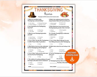 Może przedstawiać: Gra trivia na Święto Dziękczynienia z pytaniami wielokrotnego wyboru. Gra zawiera grafikę kapelusza pielgrzyma, pieczonego indyka i słowa "Thanksgiving trivia". Gra ma na celu sprawdzenie wiedzy graczy na temat Święta Dziękczynienia.