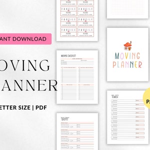 May include: A printable moving planner with 60+ pages. The planner includes checklists, a moving budget, a moving challenge, and a home search section. The cover features a colorful illustration of a house with a mushroom roof.