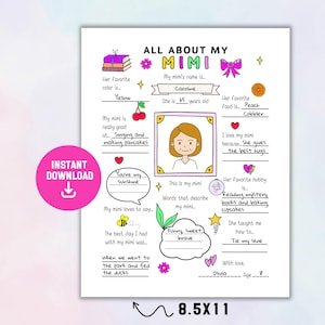 All About My Mimi Printable, Mimi Fill in the Blank, All About Mimi Questionnaire, Mother’s Day Gift for Mimi, Grandparents Day Activity