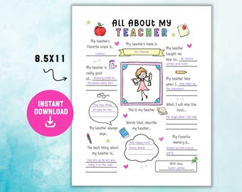 All About My Teacher Printable, Teacher Appreciation Form, Get to Know the Teacher Questionnaire, Favorite Things List, Teacher Survey Form