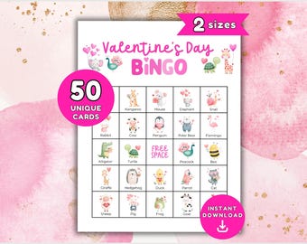 Valentine's Day Bingo Printable, 50 Valentine Bingo Cards, Animal Bingo Game for Kids, Preschool Valentines Activity, Valentine Party Game