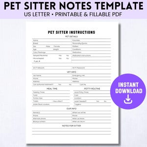 Pet Sitter Notes, Dog Sitter Notes, Cat Sitter Guide, Printable Pet Instructions, Pet Sitting Form, Pet Care Info, Pet Sitter Checklist