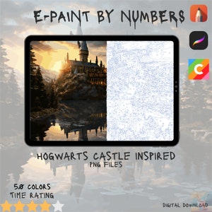 Puede incluir: Imagen digital de pintura por números del castillo de Hogwarts al atardecer. La imagen está dividida en dos secciones, una con la imagen a todo color y la otra con el contorno numerado. La imagen está etiquetada como "Hogwarts Castle Inspired" y "PNG Files".
