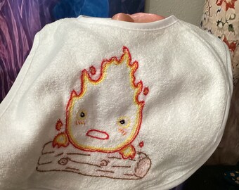 Hand Embroidered Fire Demon Baby Bib