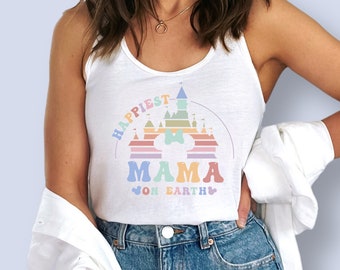 Happiest Mama on earth tank top, Disney Mom vacation shirt, Gift for Disney lover, Colorful retro park outfit, Disney castle family trip top