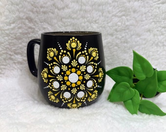 Hand-painted Dot Mandala Coffee mugs Large sturdy 21oz, Ceramic Cup Boho Flower pattern Black