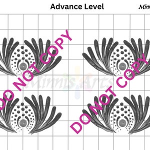 Puede incluir: Una imagen en blanco y negro de cuatro diseños de flores estilizados sobre un fondo de cuadrícula. Los diseños están hechos de círculos y líneas curvas. El texto "Advance Level" está en la parte superior de la imagen.