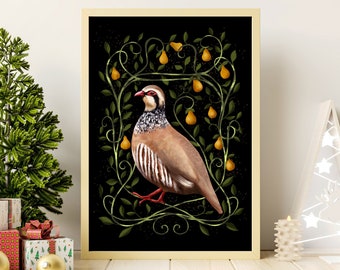 Partridge in a Pear Tree Fine Art Print, Partridge Bird Illustration, Christmas Wall Decor, Winter Holiday Art Print, Christmas Gift Idea