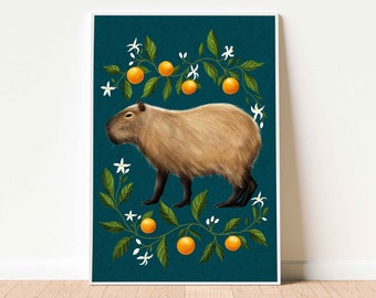 Capybara Fine Art Print, Capybara and Oranges, Capybara Wall Art, Capybara Illustration, Animal Wall Art, Wildlife Decor, Nature Lover Gift