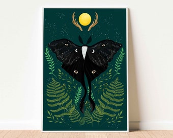 Luna Moth Fine Art Print, Black Moon Moth Illustration, Dark Cottagecore Wall Decor, Wicca Aesthetic, Botanical Artwork, Magic Butterfly