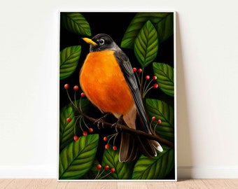 American Robin Fine Art Print, Bird Wall Art, Robin Bird Illustration, Bird Lover Gift, Dark Floral Art, Botanical Decor, Cottagecore Decor