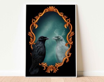 Raven Fine Art Print, Gothic Raven Art,  Raven Wall Decor, Crow Illustration, Dark Academia Decor, Witchy Home, Dark Cottagecore, Bird Art