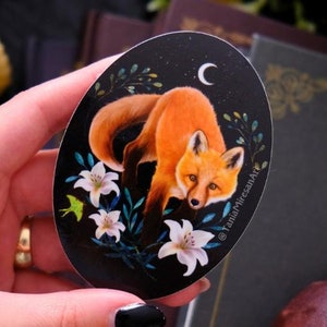 Fox and Lilies Laminated Glossy Sticker, Fox Sticker, Fox Lover Sticker, Fox Lover Gift, Witchy Fox Sticker, Dark Cottagecore Sticker