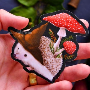 Cute Autumn Hedgehog Laminated Glossy Sticker, Hedgehog Lover Gift, Cottagecore, Whimsical, Cozy, Fall Sticker, Woodland Animal, Forest