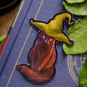 Sticker brillant plastifié chat sorcière, Sticker Halloween, cadeau pour amoureux des chats, Fantasmagorie, automne, Cottagecore sombre, Dark Academia, Sticker chat noir