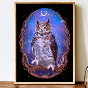 Horned Owl Fine Art Print, Owl Wall Art, Owl Illustration, Owl Lover Gift, Woodland Animal, Whimsical, Forest Art, Horned Owl Drawing