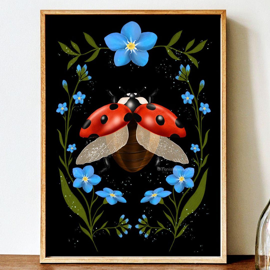 Ladybug Fine Art Print: Dark Floral Cottagecore Wall Art - Etsy
