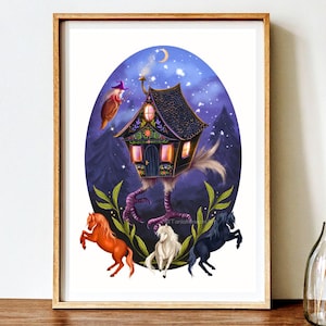 Baba Yaga&#39;s Hut Fine Art Print, Witch Decor, Fairy Tale Drawing, Slavic Folklore Illustration, Magic Wood Cabin, Mythology, Dark Fantasy