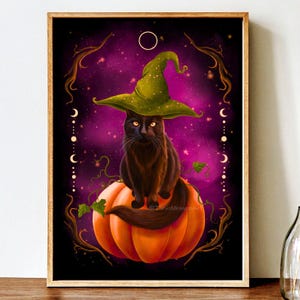 Witchy Halloween Cat Fine Art Print, Spooky Black Cat Wall Decor, Cat Lover Gift, Witch Illustration, Magic Cat Print, Dark Cottagecore
