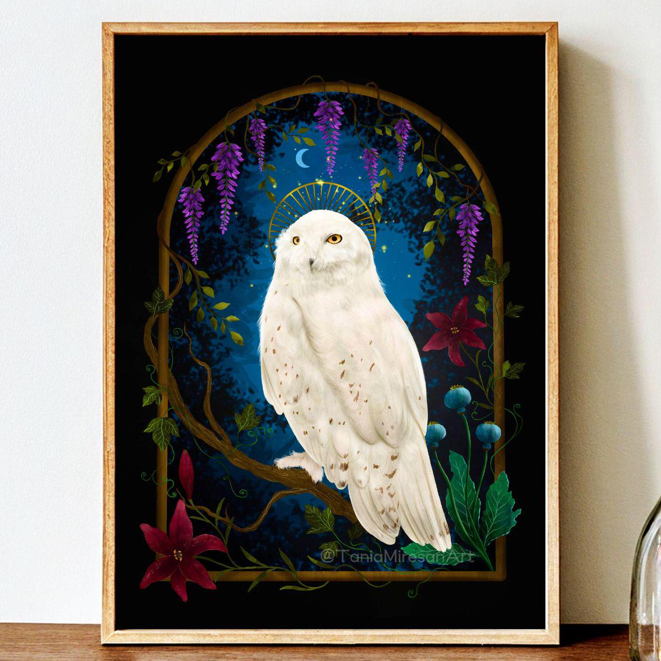 Snowy Owl Art Print: Magical Cottagecore Garden, Woodland Animal