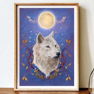 Wolf Moon Fine Art Print, Wolf Lover Gift Idea, Woodland Animal, Spiritual Gift, Wolf Illustration, Full Moon, Witch Decor, Wolf Drawing