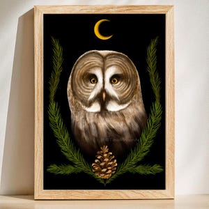 Great Grey Owl Fine Art Print, Owl Wall Art, Owl Illustration, Dark Cottagecore, Woodland Animals Art, Wildlife Home Decor, Witch Familiar