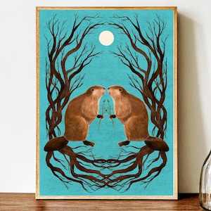 Beaver Couple Art Print: Woodland Wildlife Illustration