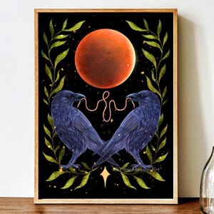 Full Moon Ravens Fine Art Print, Gothic Home Decor, Raven Lover Gift, Raven Couple Art, Worm Moon, Bird Illustration, Witch Home Decor