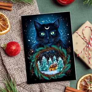 Carte de voeux de Noël chat de Noël, carte de vœux de Jólakötturinn, carte de chat d'hiver, carte folklore de Noël islandais, carte des fêtes de fin d'année